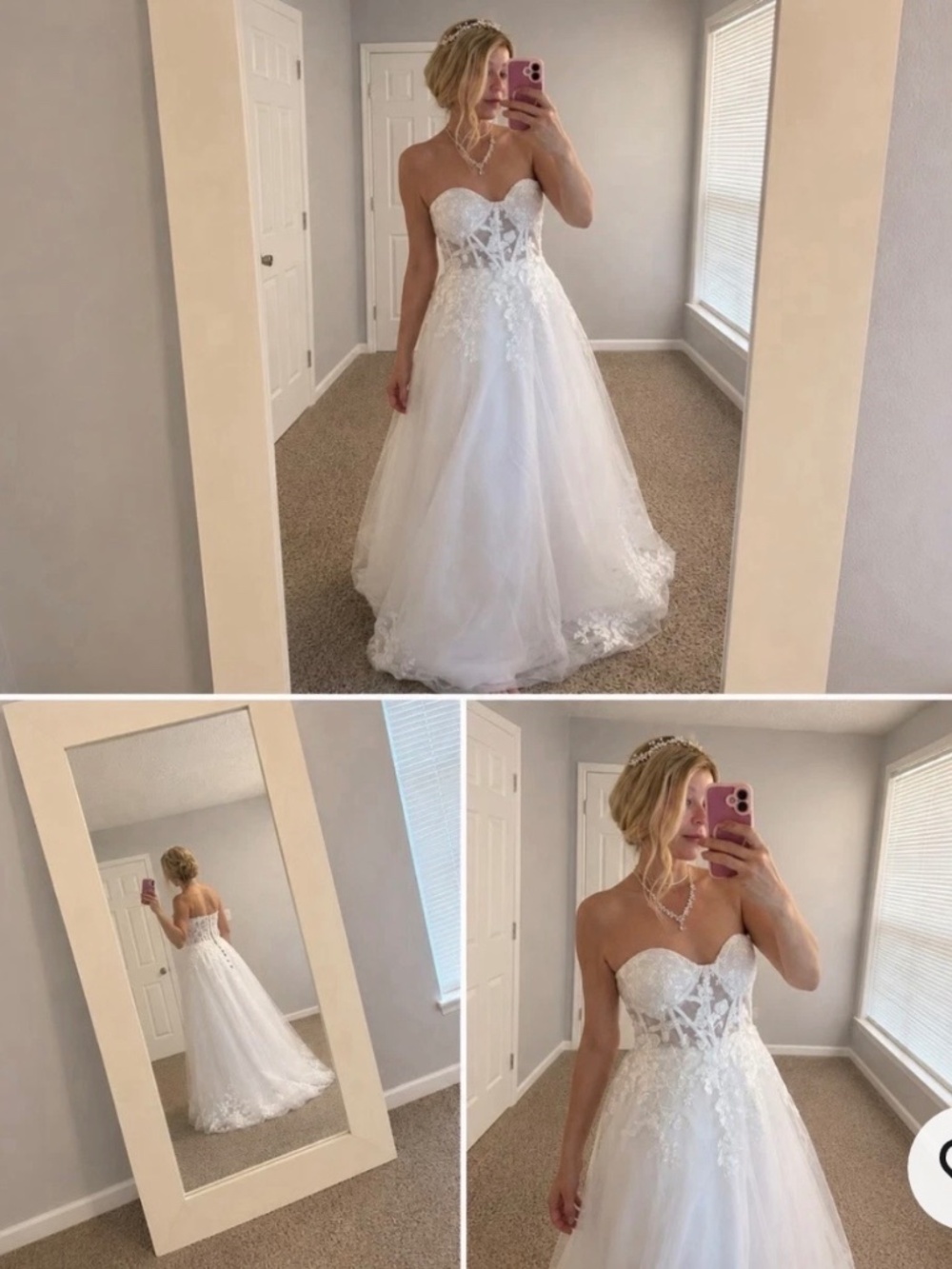 Strapless White Lace Beaded Tulle Ball Gown Wedding Dress Full-Length